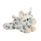 Plüschschwein mit weißen und grauen Flecken, liegend mit rosa Ohren und Schnauze, auf einem neutralen Hintergrund.
