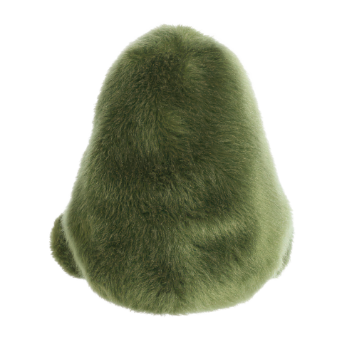 Grünes, pelziges Kissen in Form eines Avocados, von hinten betrachtet.