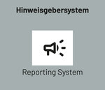 Hinweisgebersystem mit Lautsprecher-Symbol und dem Text "Reporting System" in einer klaren, blauen Darstellung.