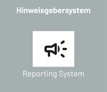 Hinweisgebersystem mit Lautsprecher-Symbol und dem Text "Reporting System" in einer klaren, blauen Darstellung.