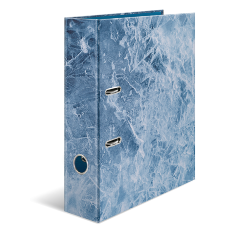 Ein blauer Ordner mit einer strukturierten Oberfläche und zwei Löchern für eine Bindung.