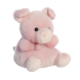 Ein rosa Plüschschwein mit runden Ohren und einem süßen Gesicht, das aufrecht sitzt und eine weiche, runde Form hat.