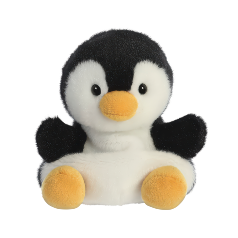 Plüsch-Pinguin mit schwarzen und weißen Federn, orangefarbener Schnabel und Füßen, sitzt mit ausgestreckten Flügeln.