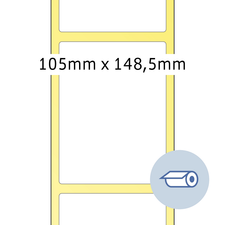 Gelbes Layout mit den Maßen 105 mm x 148,5 mm, das eine rechteckige Form zeigt. Ein Symbol für eine Rolle ist in der unteren Ecke.