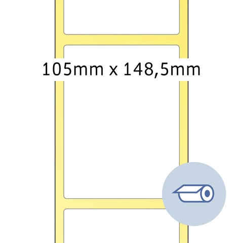 Gelbes Layout mit den Maßen 105 mm x 148,5 mm, das eine rechteckige Form zeigt. Ein Symbol für eine Rolle ist in der unteren Ecke.