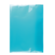 Ein leuchtend blauer, transparenter Kunststoffumschlag, der flach auf einer Oberfläche liegt.