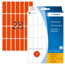 Rote Haftetiketten auf einem Bogen, mit der Nummer 28. Verpackung zeigt die Marke HERMA und die Produktdetails.