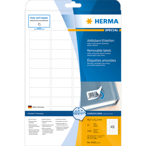 Ablösbare Etiketten auf einem Verpackungsblatt, mit 48 Etiketten in verschiedenen Größen, hergestellt in Deutschland.