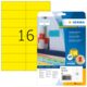 Bunte Etiketten auf einem Blatt mit der Nummer 16, verpackt in einer transparenten Hülle mit Produktinformationen von HERMA.