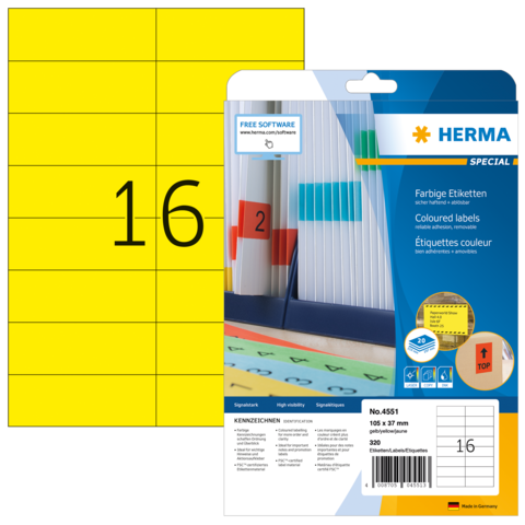Bunte Etiketten auf einem Blatt mit der Nummer 16, verpackt in einer transparenten Hülle mit Produktinformationen von HERMA.