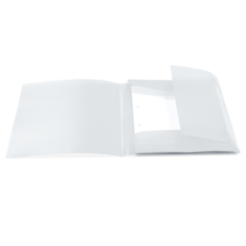 Ein offenes, transparentes Ordnersystem mit einer Innentasche und mehreren Löchern für die Ablage von Dokumenten.