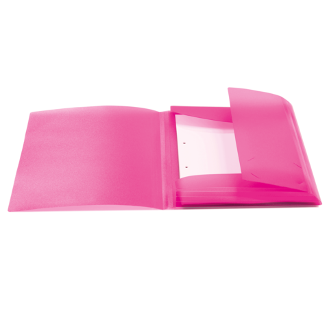 Ein offener, pinkfarbener Ordner mit mehreren Fächern und einem transparenten Innenteil.