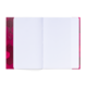 Ein offenes kariertes Notizbuch mit leeren Seiten und einem bunten, hexagonalen Randdesign.