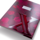 Rotes Notizbuch mit hexagonalem Muster und einem großen, glänzenden Logo in Form eines "X" auf der Vorderseite.