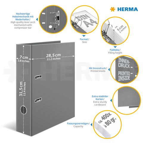 Graue A4-Ordner mit hochwertiger Hebelmechanik, Kapazität für 400 Blätter, inklusive Innendruck und extra stabiler Karton.