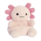 Kuscheltier in Form eines Axolotls, rosa mit schwarzen Augen und rosa Kiemen, sitzt aufrecht mit einem freundlichen Ausdruck.