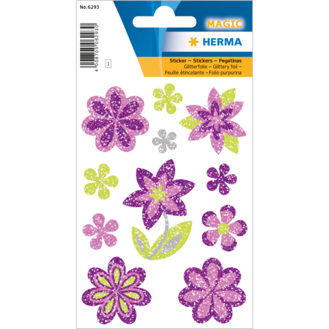 Bunte, glitzernde Blumenaufkleber in verschiedenen Formen und Größen, hauptsächlich in Lila und Grün, auf einem weißen Hintergrund.