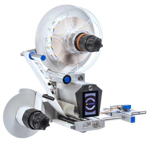 Etikettiermaschine mit einer großen Rolle, einem Steuerdisplay und einer präzisen Mechanik zur Anwendung von Etiketten auf Produkte.
