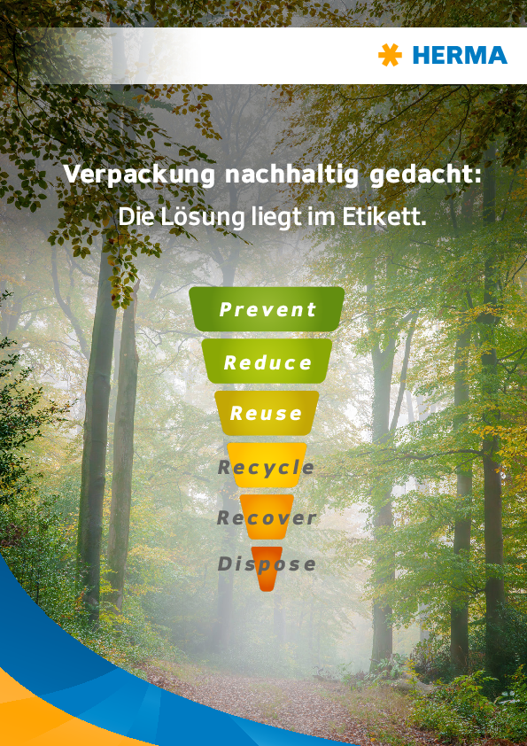 Nachhaltigkeitskonzept mit einer Pyramide, die die Schritte: Prevent, Reduce, Reuse, Recycle, Recover, Dispose zeigt. Text: "Die Lösung liegt im Etikett."