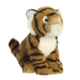 Plüsch-Tiger mit braunem Fell und schwarzen Streifen, sitzt aufrecht mit einem weißen Bauch und großen, runden Augen.