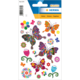Bunte Aufkleber mit Schmetterlingen, Blumen und dekorativen Mustern in verschiedenen Farben und Designs.