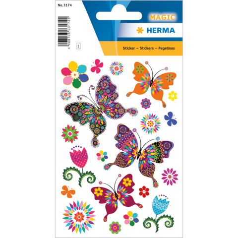 Bunte Aufkleber mit Schmetterlingen, Blumen und dekorativen Mustern in verschiedenen Farben und Designs.
