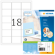 Etikettenbogen mit 18 leeren Feldern und Verpackung von HERMA, die Informationen über die Etiketten und Software enthält.