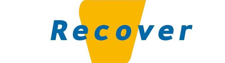 Logo mit dem Wort "Recover" in blauer Schrift auf gelbem Hintergrund.
