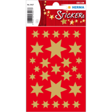 Rote Aufkleber mit goldenen Sternen in verschiedenen Größen auf einem dekorativen Hintergrund.