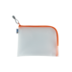 Transparente Tasche mit orangefarbener Reißverschlusskante, geeignet für die Aufbewahrung von kleinen Gegenständen oder Schreibwaren.