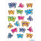 Bunte Schmetterlingsaufkleber in verschiedenen Farben und Designs, angeordnet auf einem weißen Hintergrund.