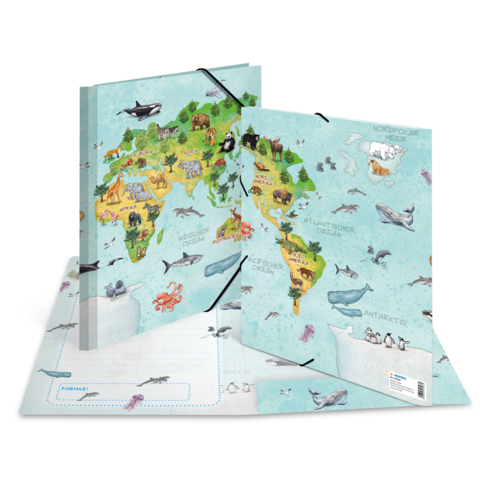 Ein aufklappbares Buch mit einer farbenfrohen Weltkarte, die verschiedene Tiere in ihren Lebensräumen zeigt, einschließlich Ozeanen und Antarktis.