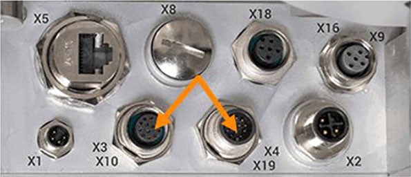 Anschlussfeld mit mehreren Steckverbindern, darunter X2, X4, X10, X16, X18 und X19, zur elektrischen Verbindung.