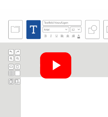 Ein Textfeld wird hinzugefügt, mit Optionen für Schriftart und -größe. Ein rotes YouTube-Symbol ist in der Mitte des Bildschirms sichtbar.