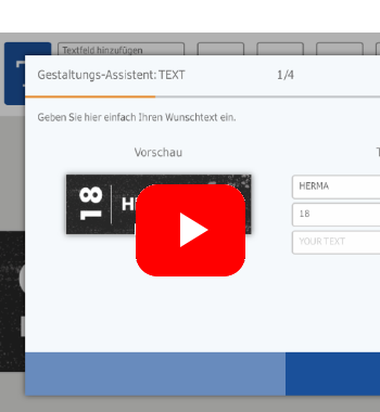 Gestaltungsassistent für Text mit Eingabefeld für Wunschtext und Vorschau. Ein rotes YouTube-Symbol ist ebenfalls sichtbar.