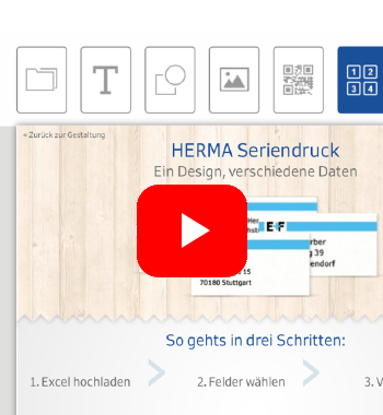 HERMA Seriendruck-Anleitung mit einem Video-Button und drei Schritten: Excel hochladen, Felder wählen, drucken.