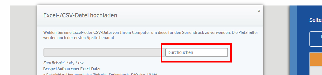 Dialogfeld zum Hochladen von Excel- oder CSV-Dateien mit einem hervorgehobenen Button "Durchsuchen" zur Dateiauswahl.