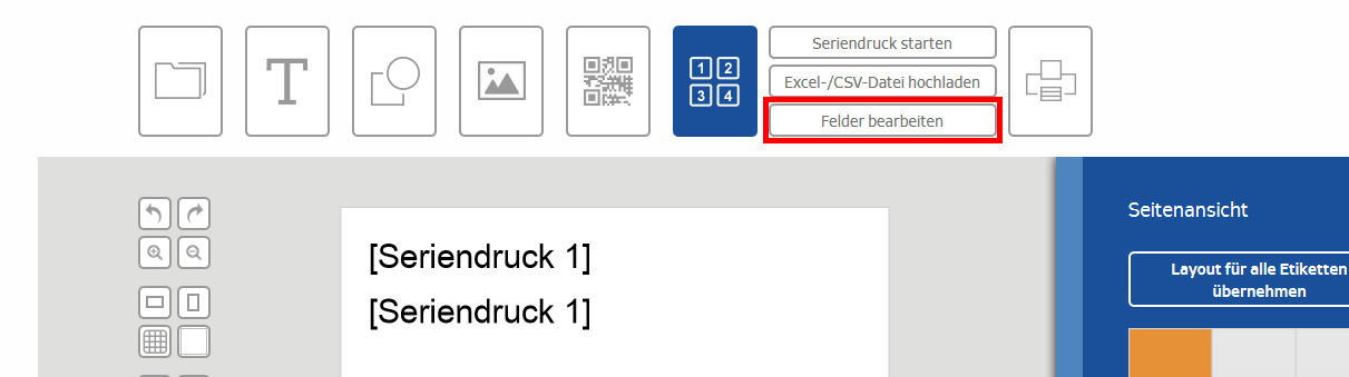 Benutzeroberfläche mit Optionen für Seriendruck, CSV-Datenimport und Schaltfläche zum Bearbeiten von Feldern. Text zeigt "[Seriendruck 1]".